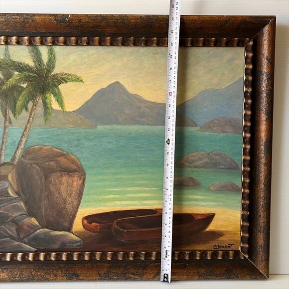 Vintage Original Tropical Seascape Oil Painting Beach Island Canoe Palms Signed - Picture 9 of 10